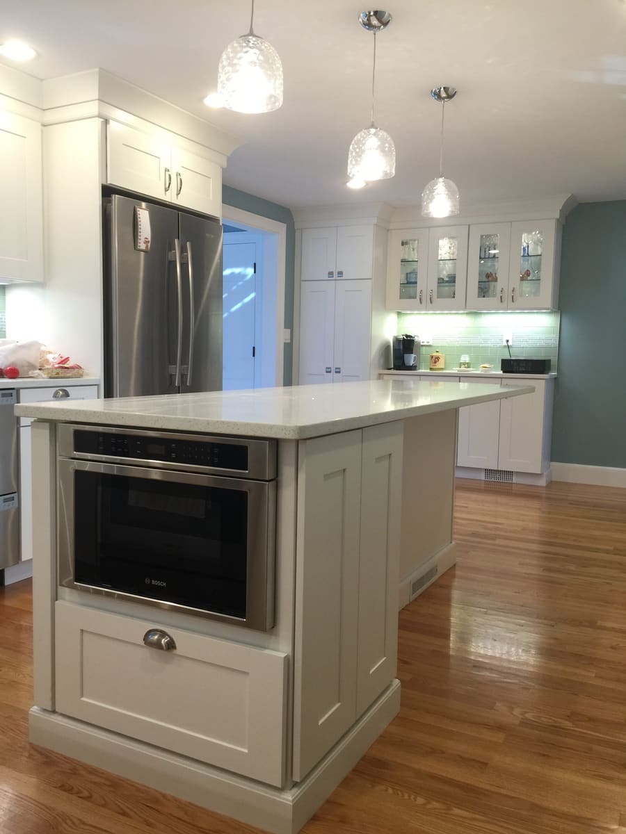 A microwave drawer built into the island
